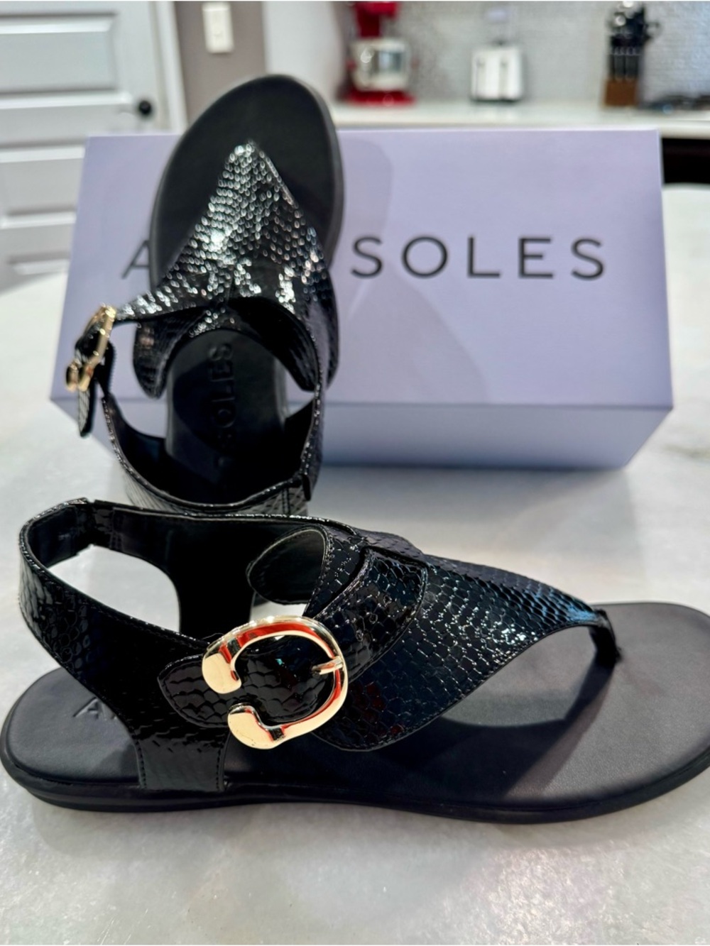 AEROSOLES Black Textured Slingback Sandals with Gold Buckle